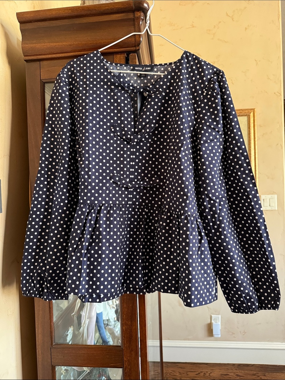 Nautica Jeans White Polka Dot Navy Peplum Blouse Brand new never worn